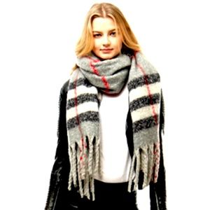 Gray Striped Fringed Winter Scarf Long Rectangular Winter Blanket Scarf